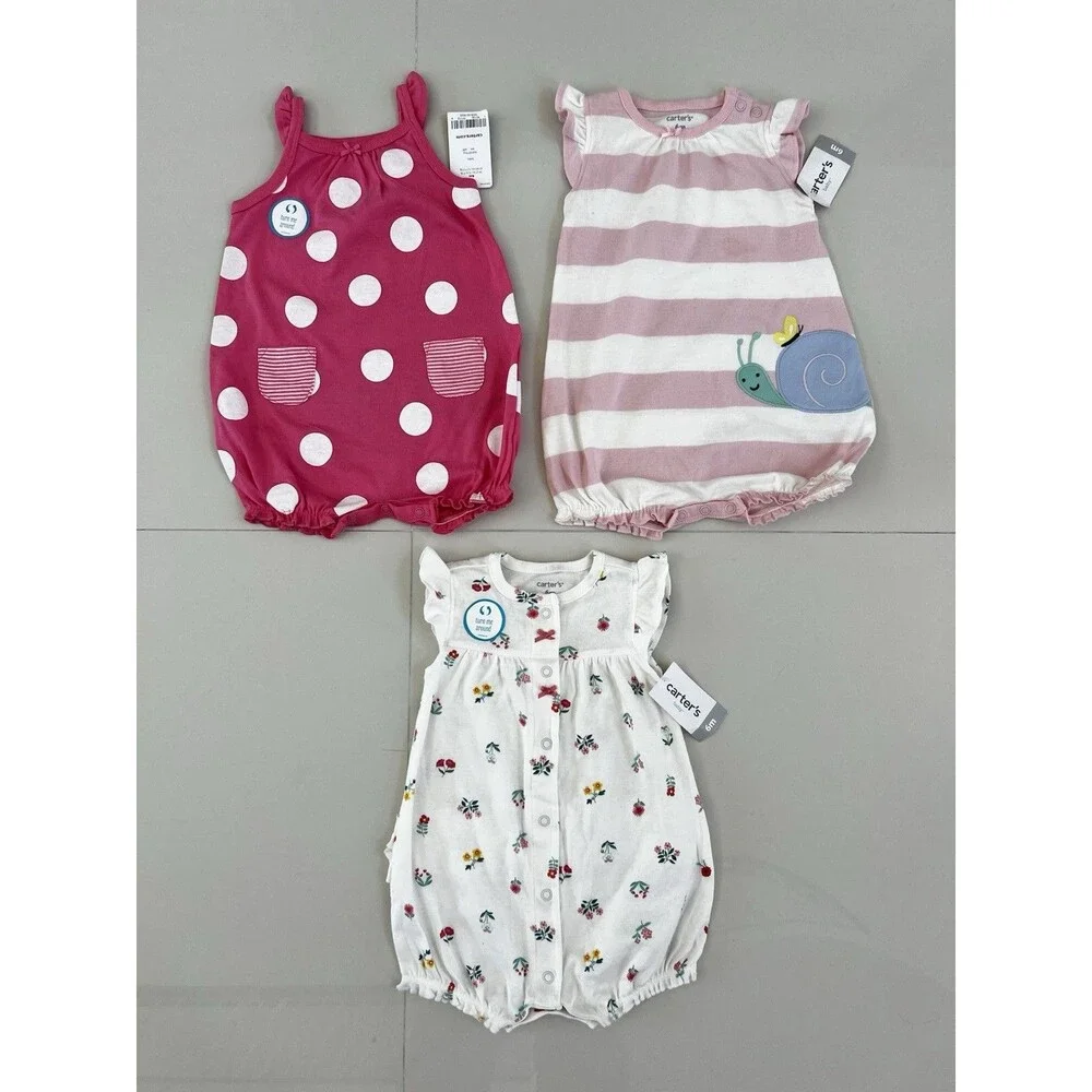 Set Lot of 3 Baby Girl Bubble Romper Outfit Summer Cotton 6m Snail Crab Flowers
